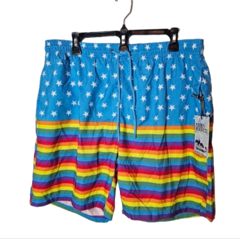 Free Planet Blue Star and Rainbow Stripe Swim Trunks Men's Size 1X NWT